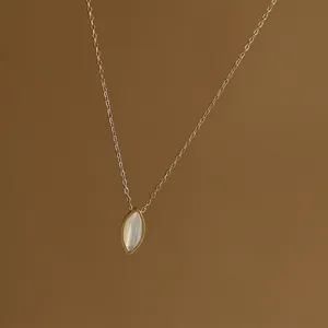 French vintage style 18K gold plated titanium necklace with marquise white shell pendant