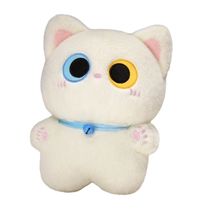 Cute white plush cat toy with heterochromia eyes and blue collar on white background