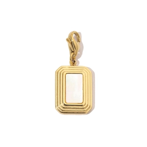 Detail showing a gold rectangle pendant with a white inlay and lobster clasp