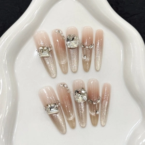 Luxury Handmade Press On Nails Cat Eye Glitter Gradient With Rhinestone Zircon Coffin Long False Nails
