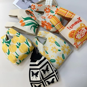 Women Knitted Knot Bag Floral Tulip Butterfly Print Polyester Soft Handbag Casual Shopping Tote Japanese Style