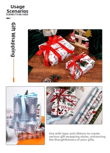 Detailed view of Christmas wrapping paper rolls with festive berry patterns and red ribbons