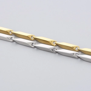 Macro detail of 3mm stainless steel rhombus link chains in gold and silver finishes
