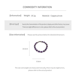 Guía de tallas de la pulsera de circón que indica 18,5 cm de largo y 0,6 cm de ancho