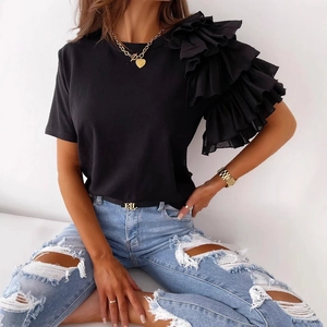 Women's black round neck T-shirt featuring dramatic ruffled short sleeves and asymmetric design