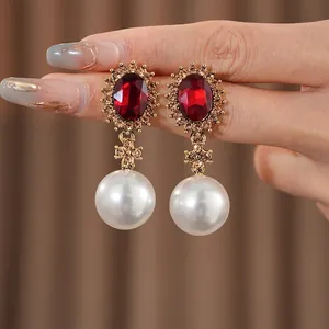 Vintage palace style cross earrings with red gemstones and white pearls for women