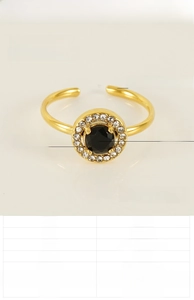 Detailed view of adjustable 18K gold plated steel ring with black zircon and pavé stones