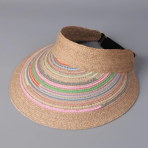Detailed close-up of woven raffia texture and colorful striped ribbon on top hat
