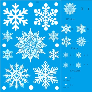 Detailed chart showing various white snowflake sticker sizes from 1.2cm to 11cm for Christmas