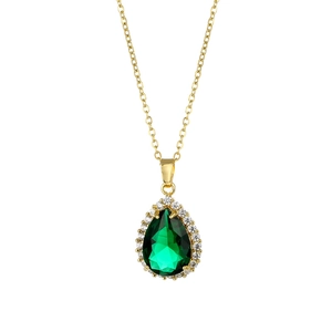 Water drop emerald crystal pendant necklace in stainless steel with sparkling rhinestones