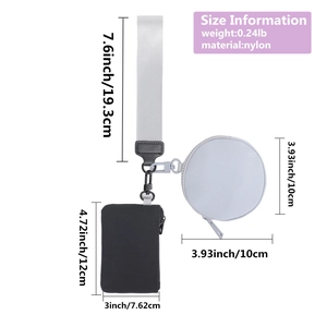 Nylon wristlet pouch set dimensions showing 4.72x3 inch rectangle and 3.93 inch round bag