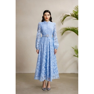 Elegant Lace Maxi Dress Long Sleeve Stand Collar Button Front Vintage Palace Style With Belt For Women