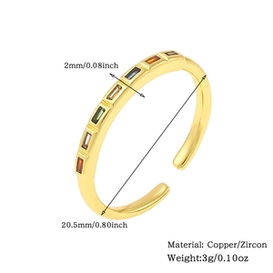 Detailed size chart of gold copper ring with colorful zircon and material specifications