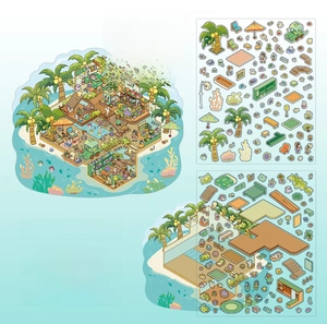Detail of DIY scenery stickers set with PET material and background card for crafts