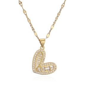 Minimalist gold plated heart pendant necklace with shimmering zircon crystals on white background