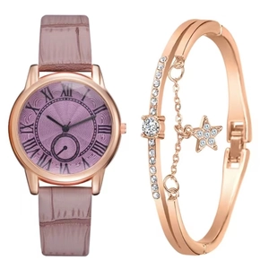 Set de regalo de reloj para mujer en oro rosa con números romanos y pulsera de estrella