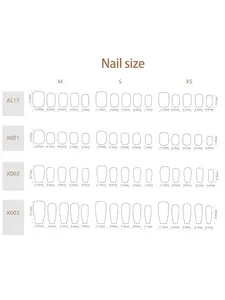 Size chart showing width and length in mm for four press-on nail styles in sizes M, S, XS