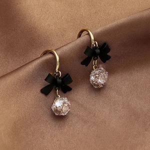 Alloy Bowknot Drop Earrings With Zircon Crystal Ball And 925 Sterling Silver Earring Post Retro French Sweet Jewelry
