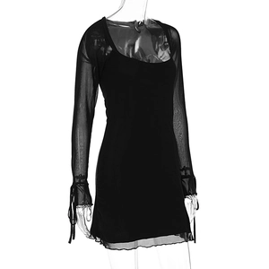 Detail of sheer black mesh long sleeves with delicate drawstring ties on a mini dress