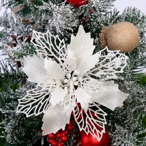Christmas Tree Flower Decoration Glitter Hollow Poinsettia Ornaments For Party Wedding Festival Home Decor