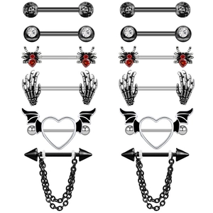 Gothic Nipple Piercing Rings Zinc Alloy Barbell Spider Bat Skeleton Hand Heart Shape Body Jewelry Hip Hop Style Jewelry