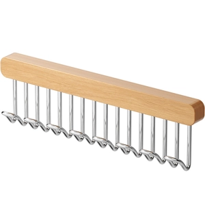 Wall-mounted pull-out wooden clothes rack with 14 chrome hooks for belts and scarves