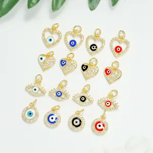 18K gold plated evil eye pendant collection with micro-pave cubic zirconia and enamel