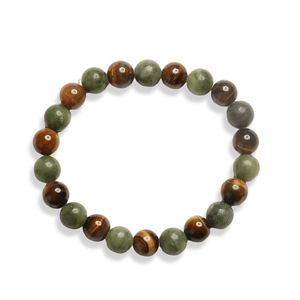 Vue macro des perles de 8mm en oeil de tigre et aventurine verte sur bracelet
