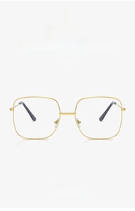 Detail of lightweight 19g golden metal oversized square glasses frame with sleek finish