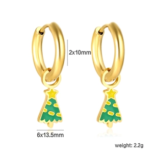 Golden stainless steel Christmas tree hoop earrings with green enamel and star charms