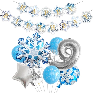 Blue and silver winter snowflake party set with number 9 balloon and birthday banner