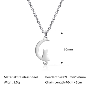 Minimalist silver stainless steel crescent moon and cat necklace pendant on white background