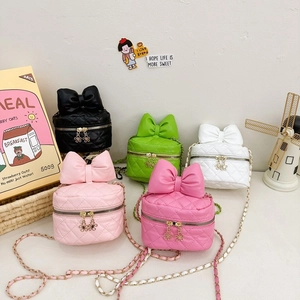 Women Mini Crossbody Bag PU Leather Quilted Lattice Big Bowknot Gold Chain Fashion Sweet Shoulder Handbag