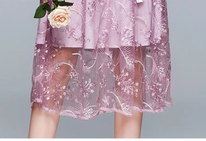 Details des rosa Tüllkleids mit zarten federnartigen Blumenstickereien und Textur