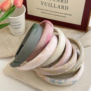 Wide Padded Headband Satin Jacquard Fabric Handmade Retro Floral Embroidery Chinese Style Vintage Hair Accessories For Women