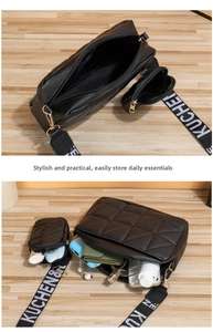 Détails de l'ensemble sac bandoulière matelassé noir avec sangle jacquard et fermeture éclair