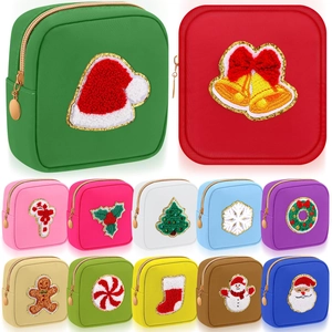 Christmas Mini Makeup Bag Waterproof Nylon Square Cosmetic Pouch With Embroidered Festive Patch Portable Travel Storage