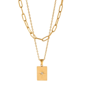 18k gold plated double layer necklace with star engraved rectangle pendant and clear stone