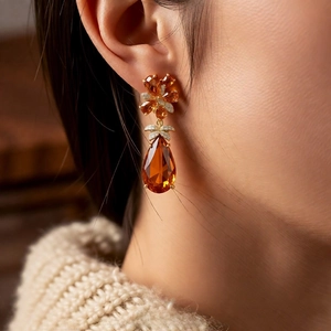Vintage zircon water drop earrings featuring amber flower charms for a luxury look