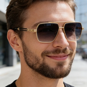 Retro men's gold double-bridge sunglasses with gradient grey lenses and carved temples