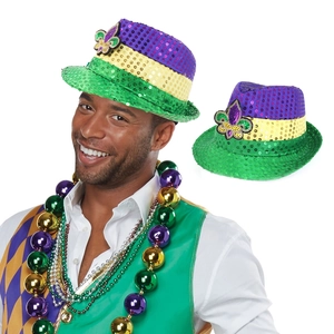 Ensemble chapeau à paillettes Mardi Gras et colliers de perles violet vert et or