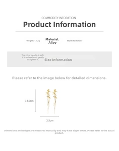 Detail view of bamboo leaf tassel earrings with bird motifs and dimensions on white background