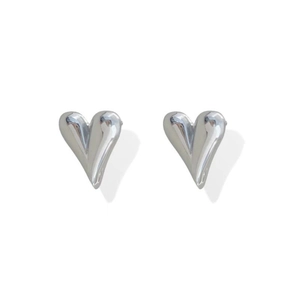 Minimalist silver heart stud earrings in polished stainless steel for women