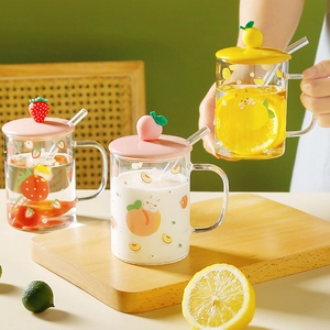 Three glass mugs with strawberry, peach, and lemon fruit themes featuring lids and straws