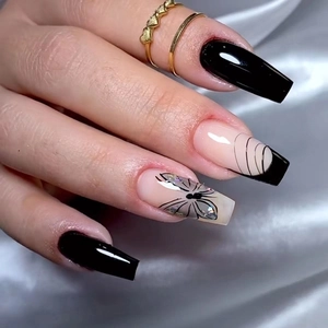 Glänzende Schwarze Schmetterling Lange Sarg Aufpressnägel Geometrische Linie Ballerina Form Künstliche Nägel Mit Strass Gothic Stil