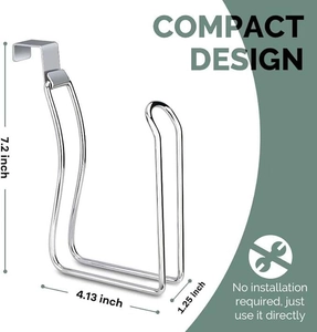Compact silver metal toilet paper holder with detailed dimensions and easy hook design