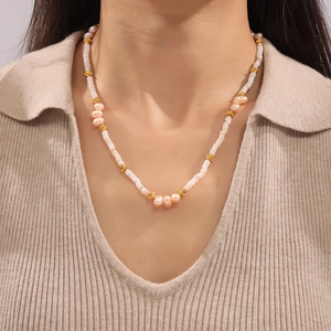 Baroque natural freshwater pearl necklace with shell beads and 18k gold plated titanium