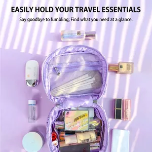 Large purple heart-themed double-layer cosmetic bag with organized storage compartments