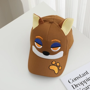 Brown kids cartoon fox baseball cap with 3D ears and embroidery for outdoor sun protection