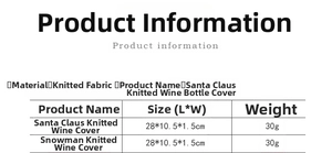 Size chart for Christmas wine bottle covers featuring Santa and Snowman knit designs